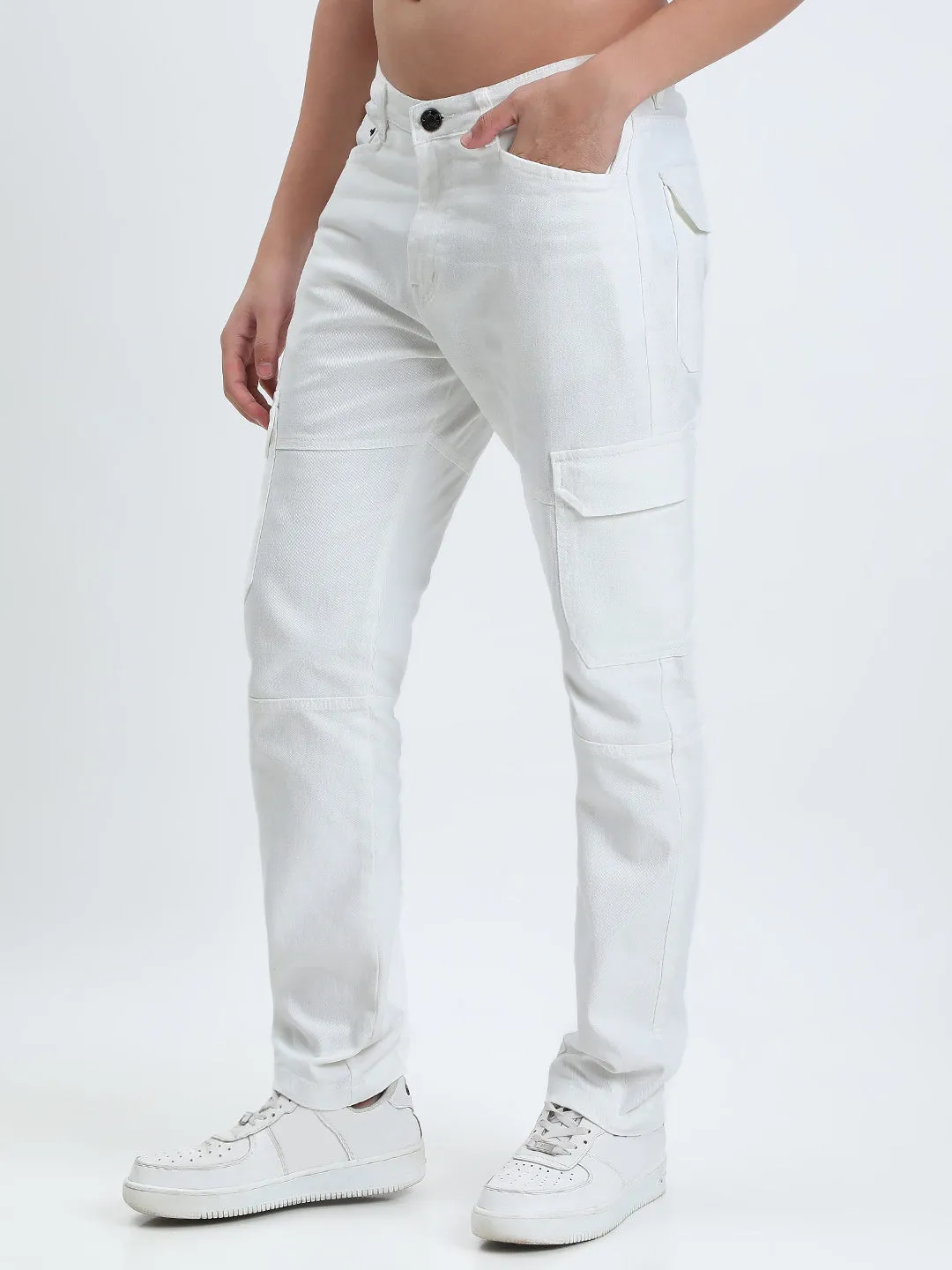 Casual Chic Festival Outfit Professional Wear Men's White Slim Fit Cargo Jeans