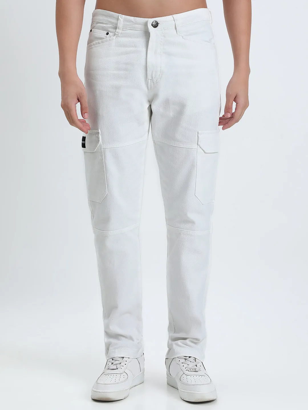 Non Fade Fabric Men's White Slim Fit Cargo Jeans