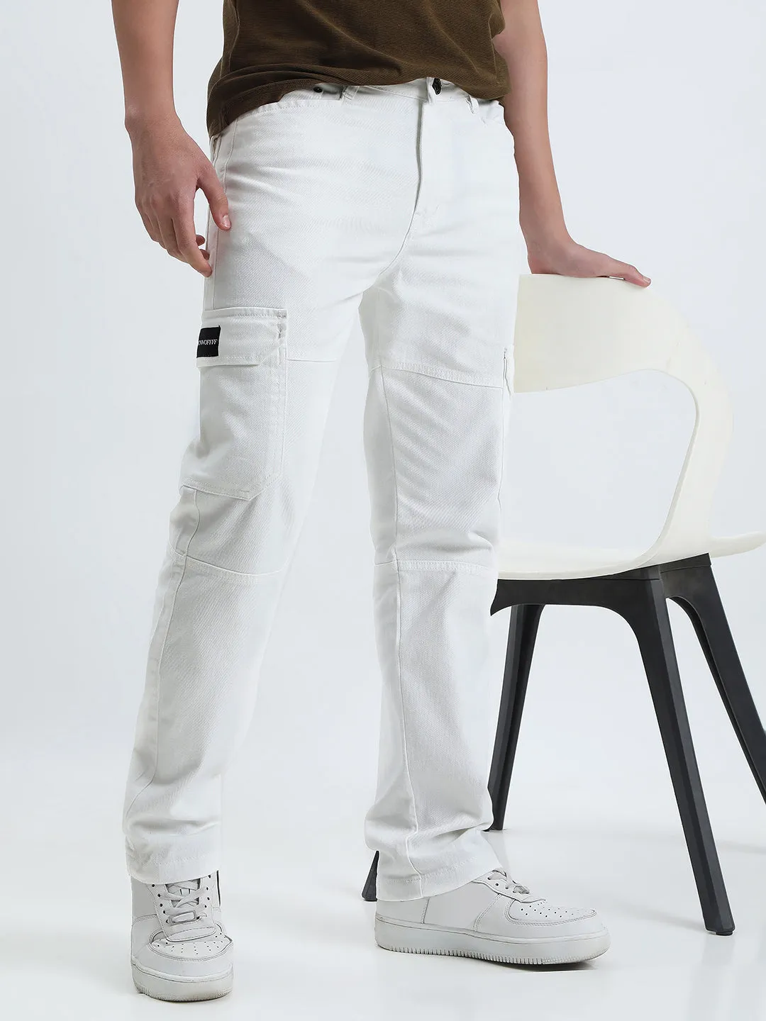 Men's White Slim Fit Cargo Jeans Abrasion Resistant Denim