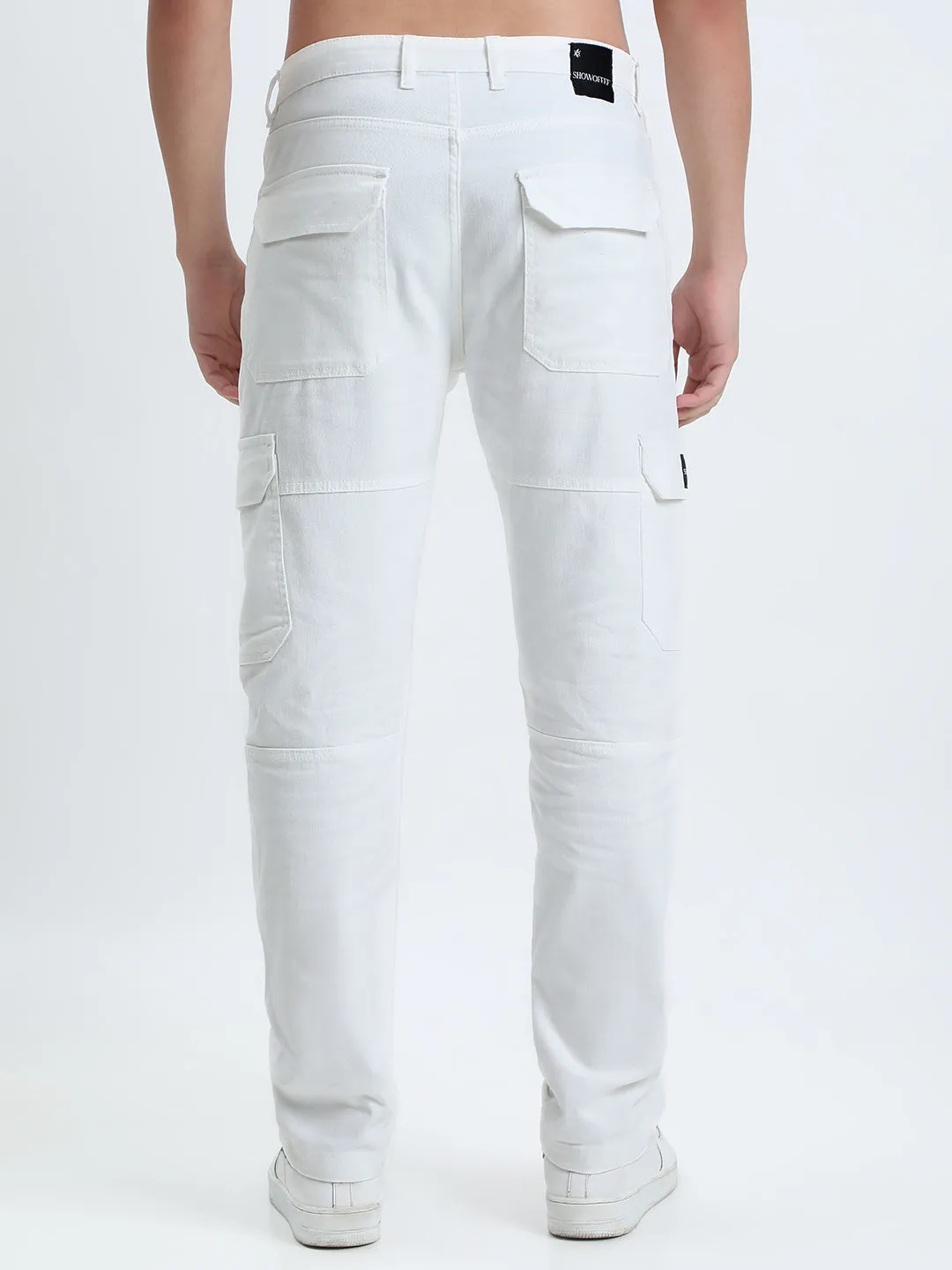 Non Restrictive Cut Men's White Slim Fit Cargo Jeans