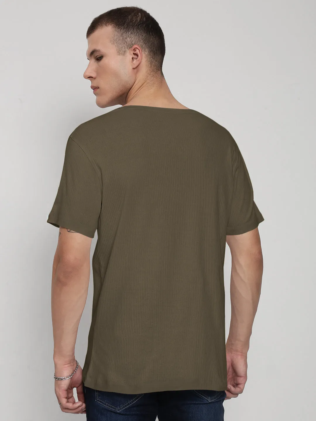 Dance Light Men's Olive V-Neck Regular Fit T-Shirt