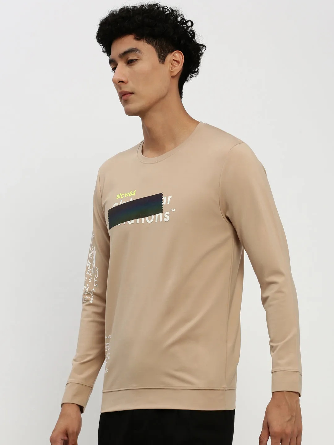 Men's Beige Printed Round Neck Cotton Sweatshirt Fall Core Sporty