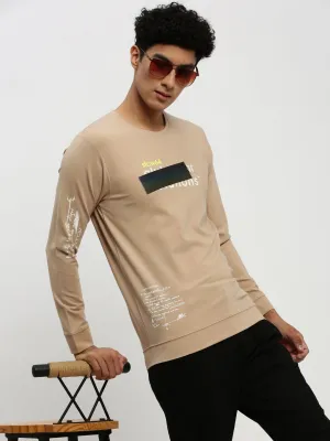 appropriate for autumn Men's Beige Printed Round Neck Cotton Sweatshirt