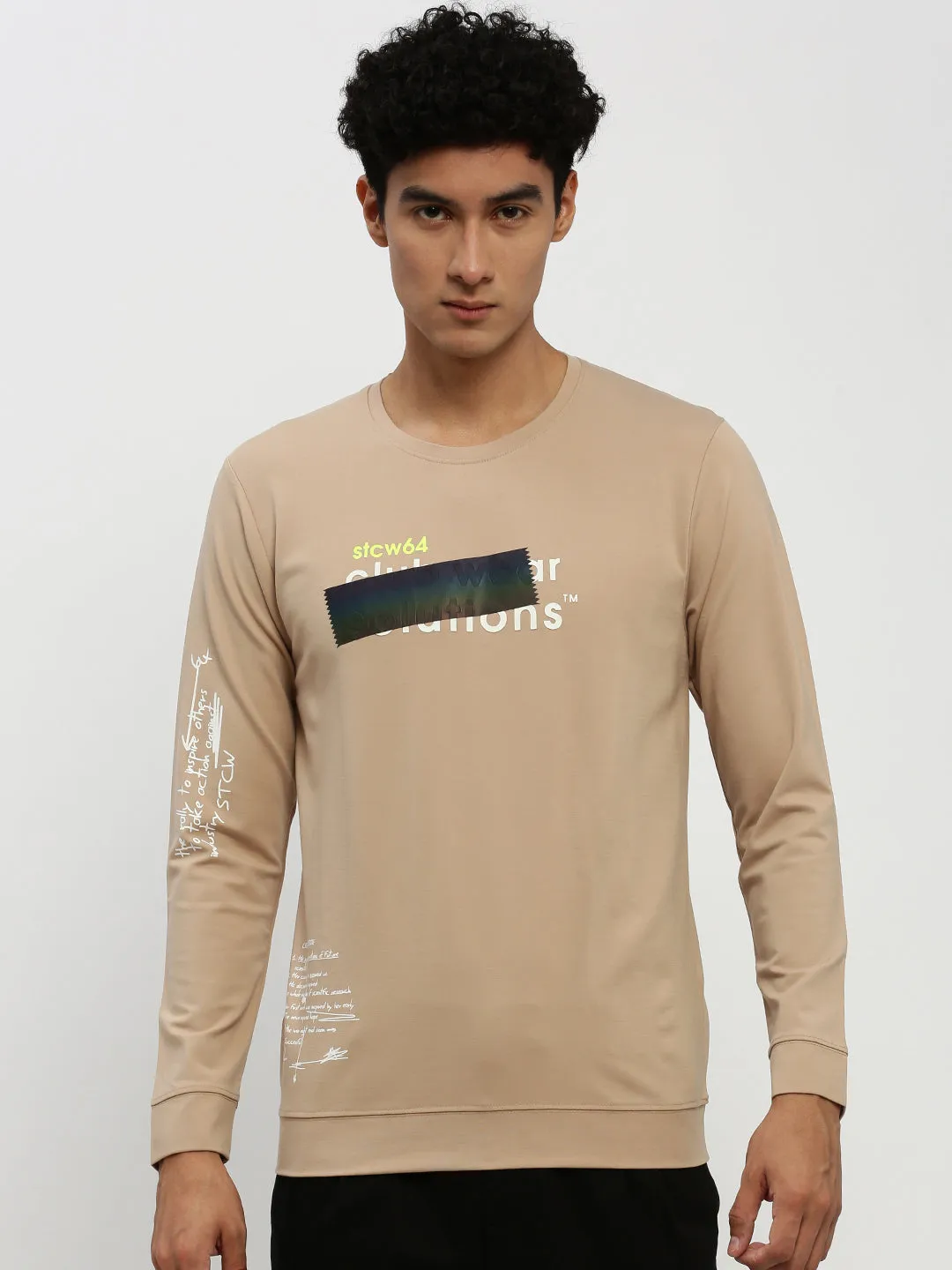 Seasonal Trend Men's Beige Printed Round Neck Cotton Sweatshirt