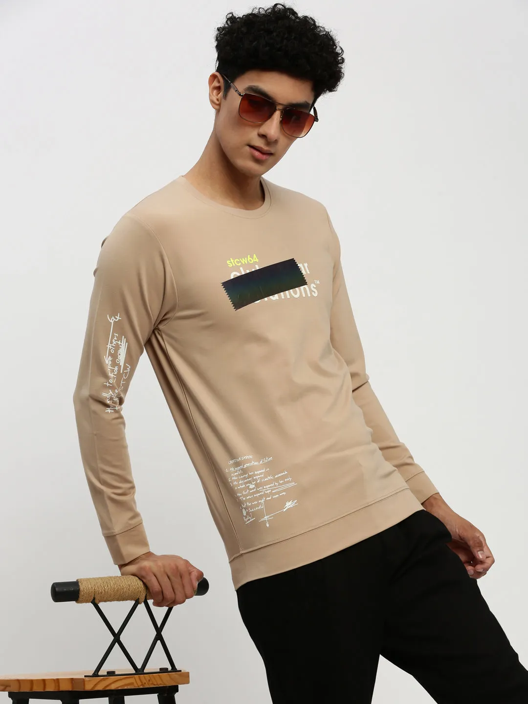 appropriate for autumn Men's Beige Printed Round Neck Cotton Sweatshirt
