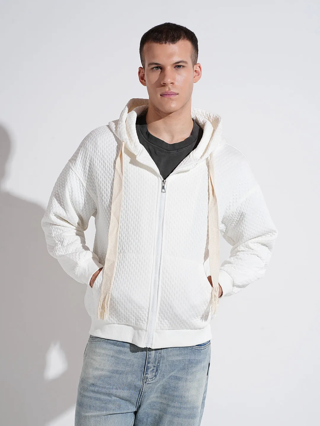 product rhinestone glamour Men's Off White Ribbed Regular Fit Hoodie with Zip