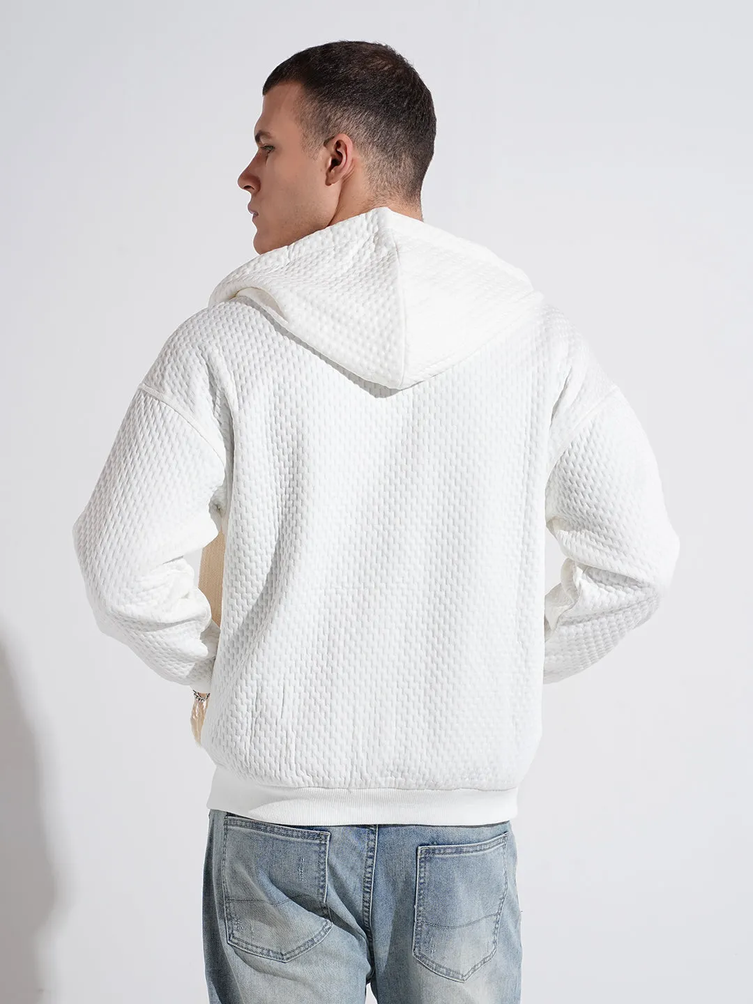 Men's Off White Ribbed Regular Fit Hoodie with Zip Stylish Hoodie Beach Style