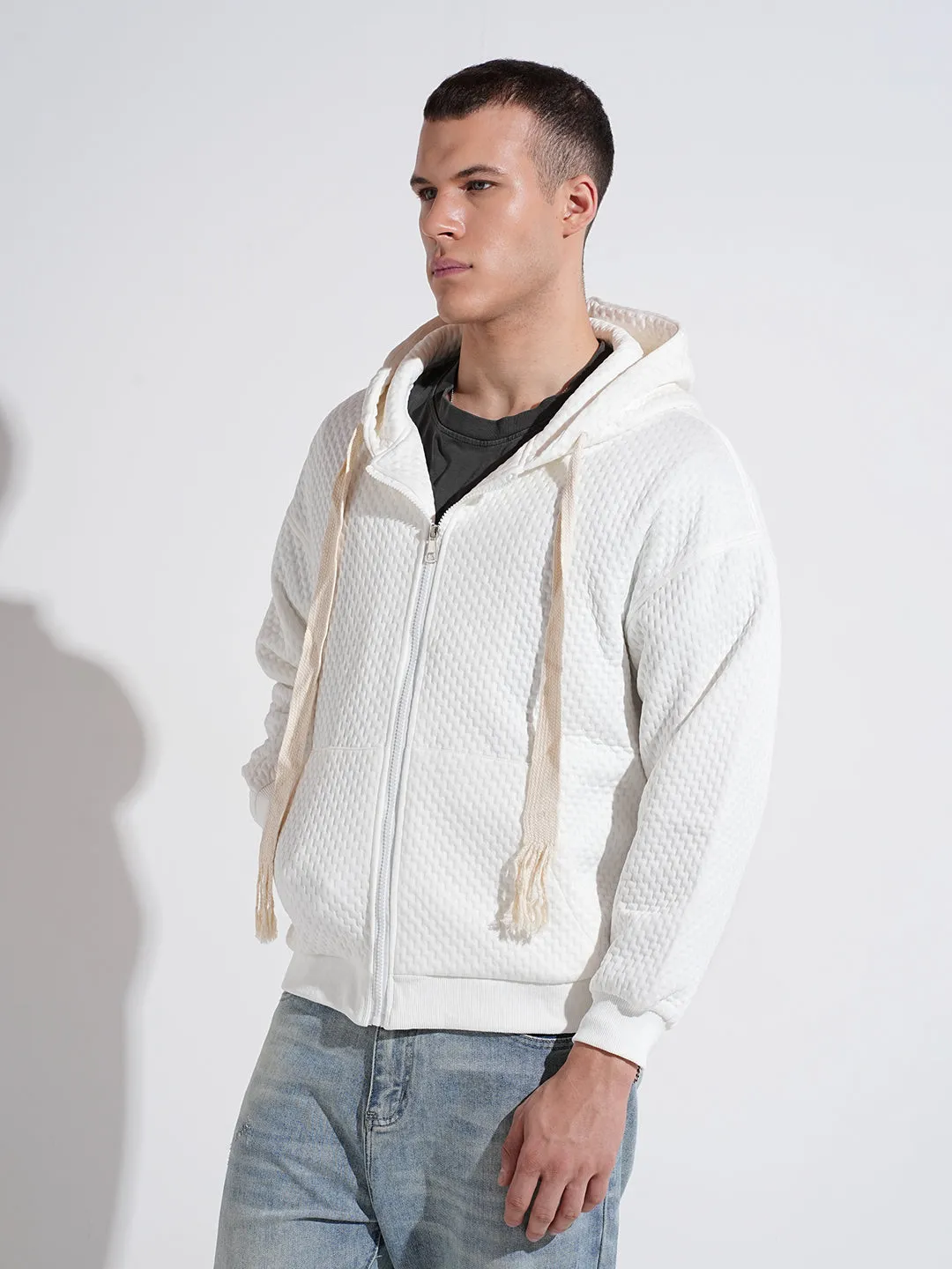 Collared Men's Off White Ribbed Regular Fit Hoodie with Zip