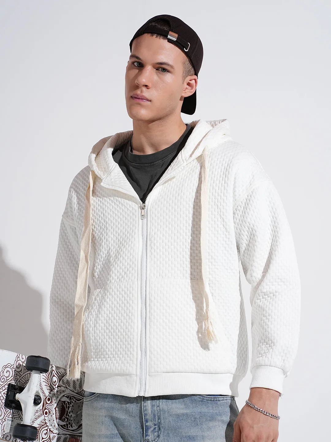 Men's Off White Ribbed Regular Fit Hoodie with Zip All-Weather Wear Product Innovation