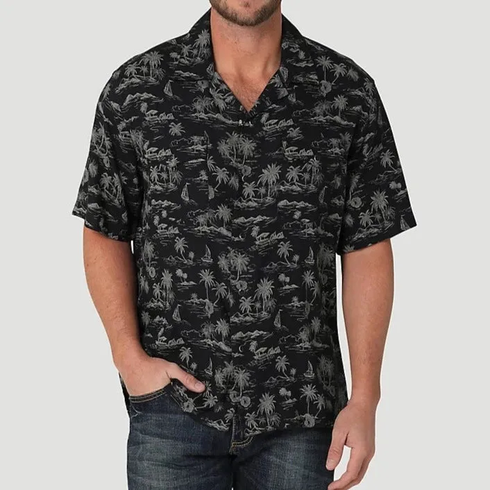 Wrangler Men's Coconut Cowboy Snap Front Camp Shirt- Tropical Black Flattering Cut Self Fabric Tape