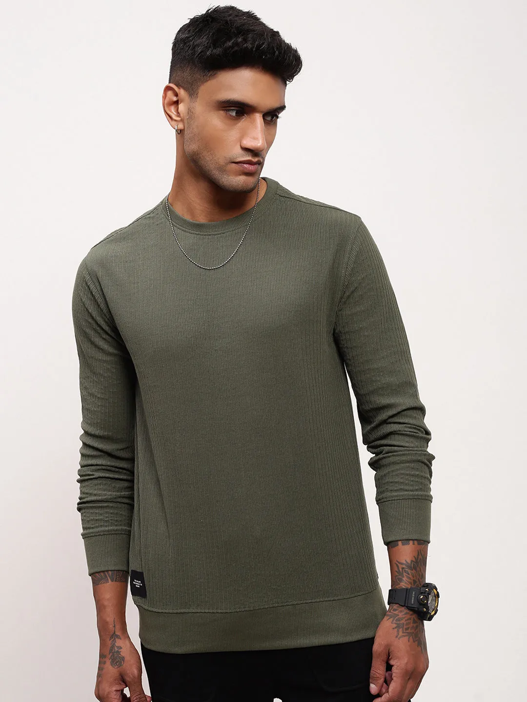 Men's Green Solid Round Neck Sweatshirt User Experience Brunch Outfit