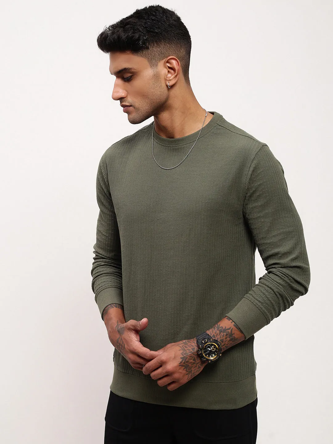 Men's Green Solid Round Neck Sweatshirt product quilted lining comfort Office Casual
