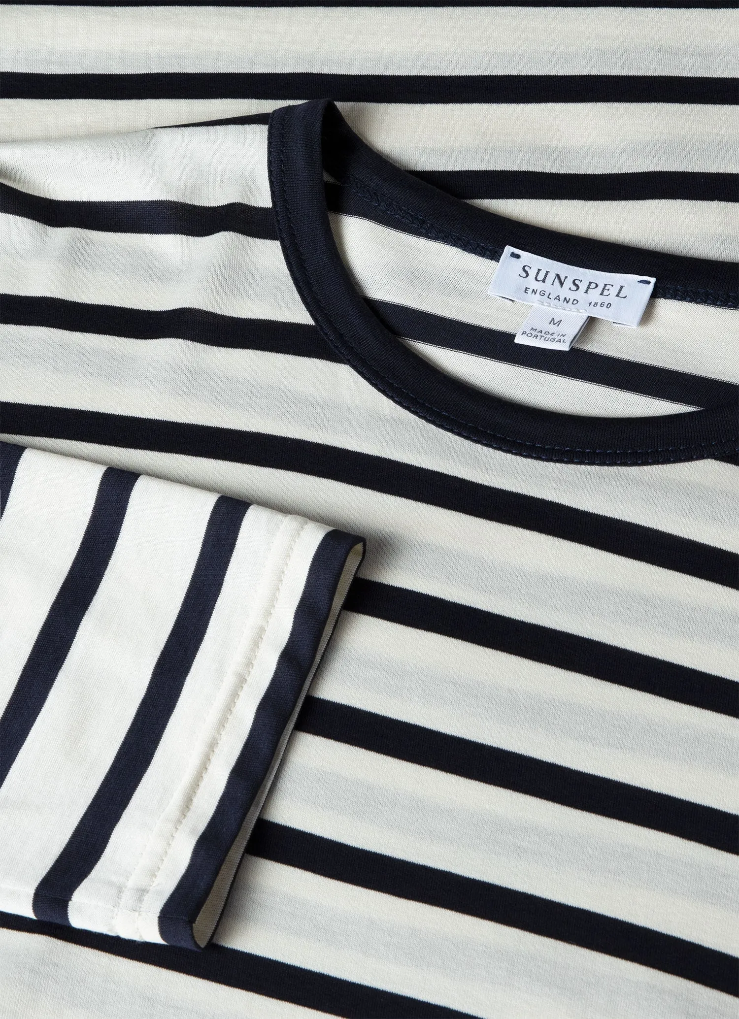 Men's Long Sleeve Classic T-shirt in Ecru/Navy Breton Stripe Breathable Comfort Fit