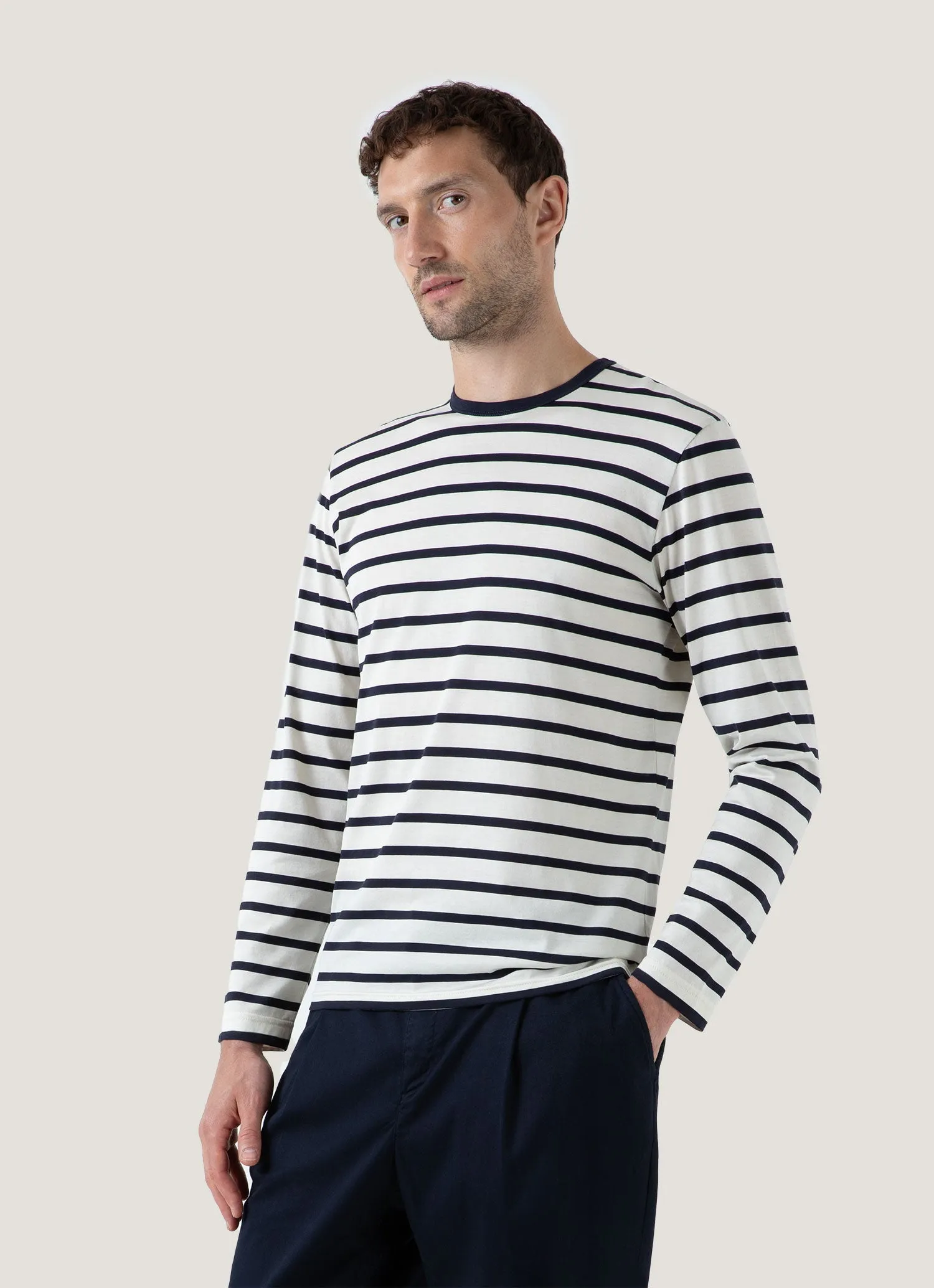 Effortless Style Comfortable Layer Men's Long Sleeve Classic T-shirt in Ecru/Navy Breton Stripe