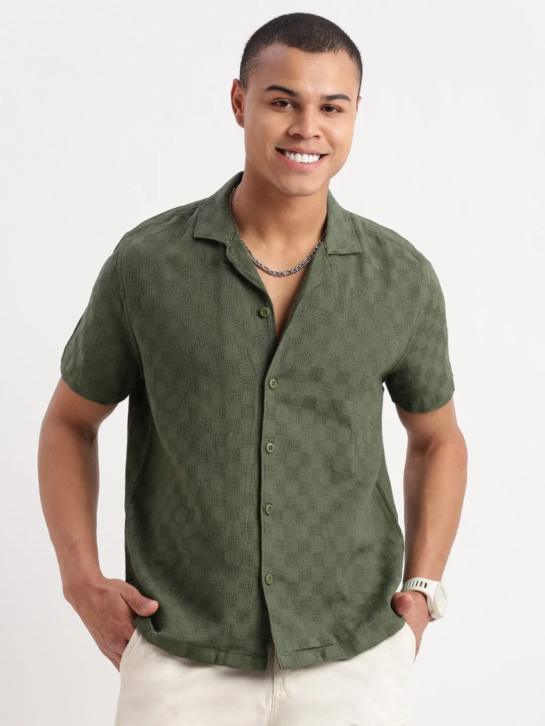 Men's Cuban Collar Solid Green Shirt Luxury Touch