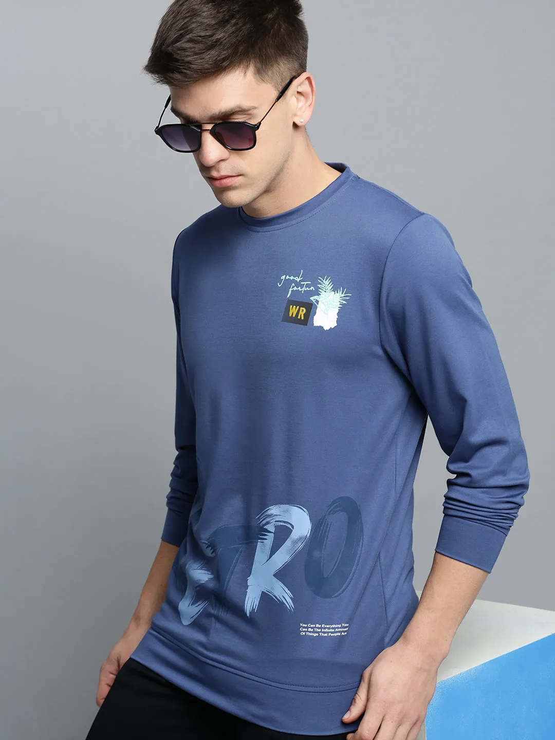 Men's Blue Printed Round Neck Sweatshirt product buckle functionality product label information