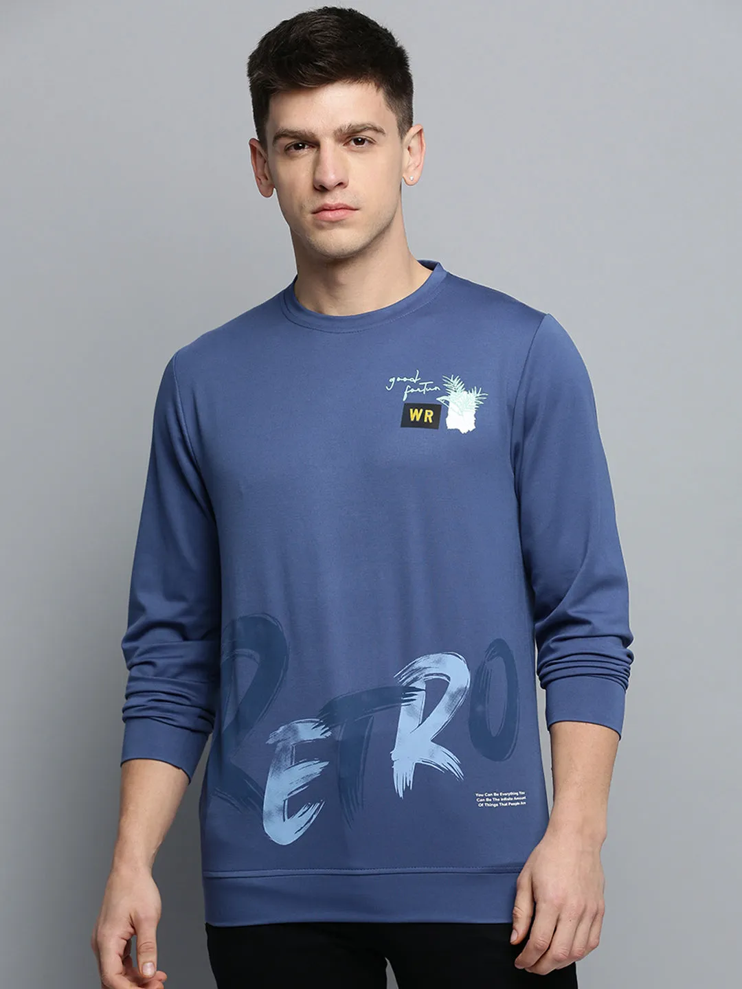 Men's Blue Printed Round Neck Sweatshirt Cozy And Stylish