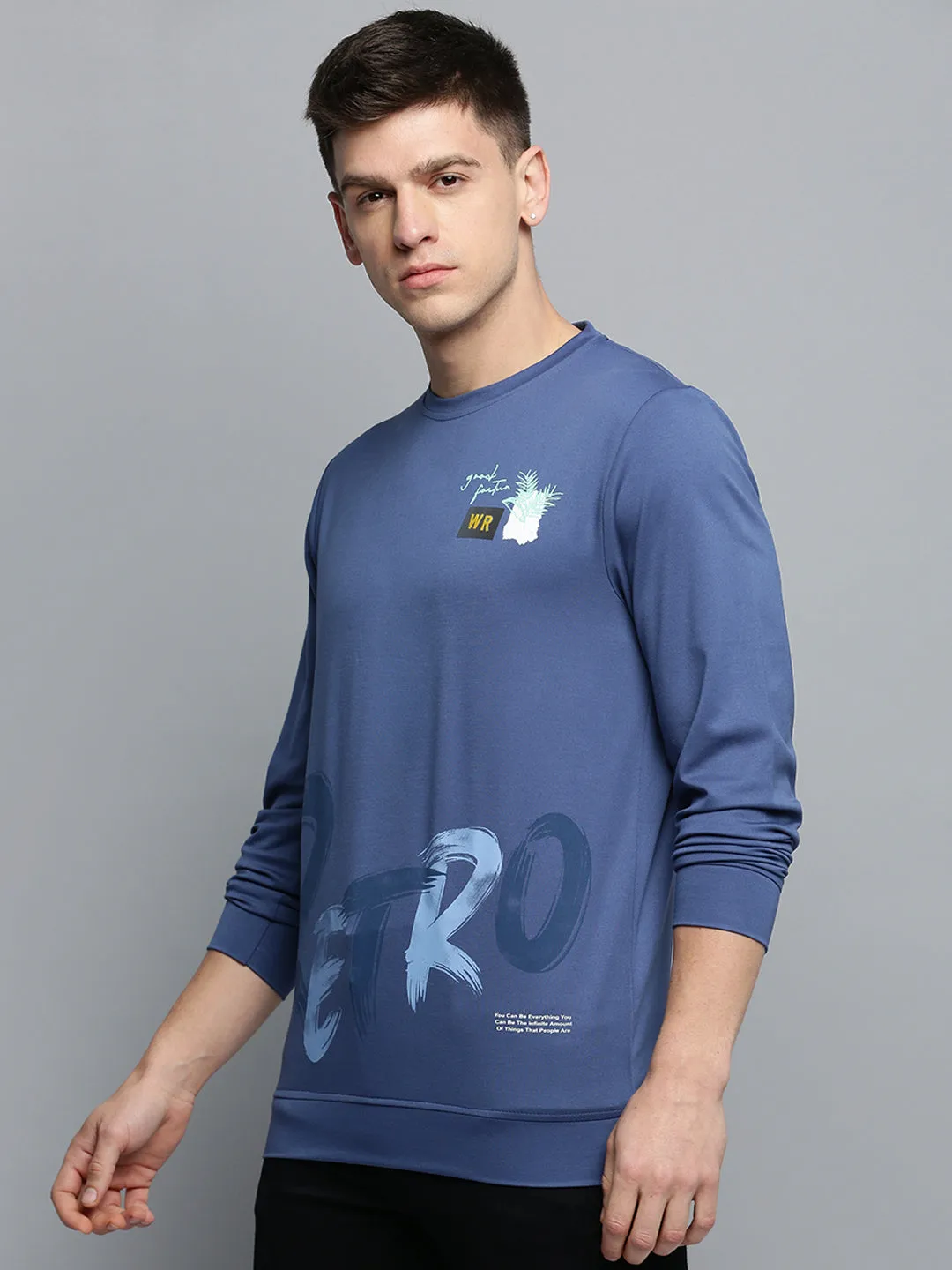 product matte sophistication Men's Blue Printed Round Neck Sweatshirt