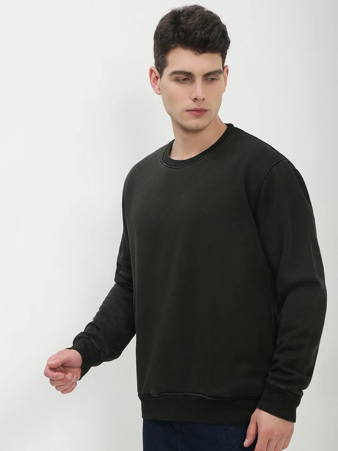Men's Olive Solid Sweatshirt Classic Sporty