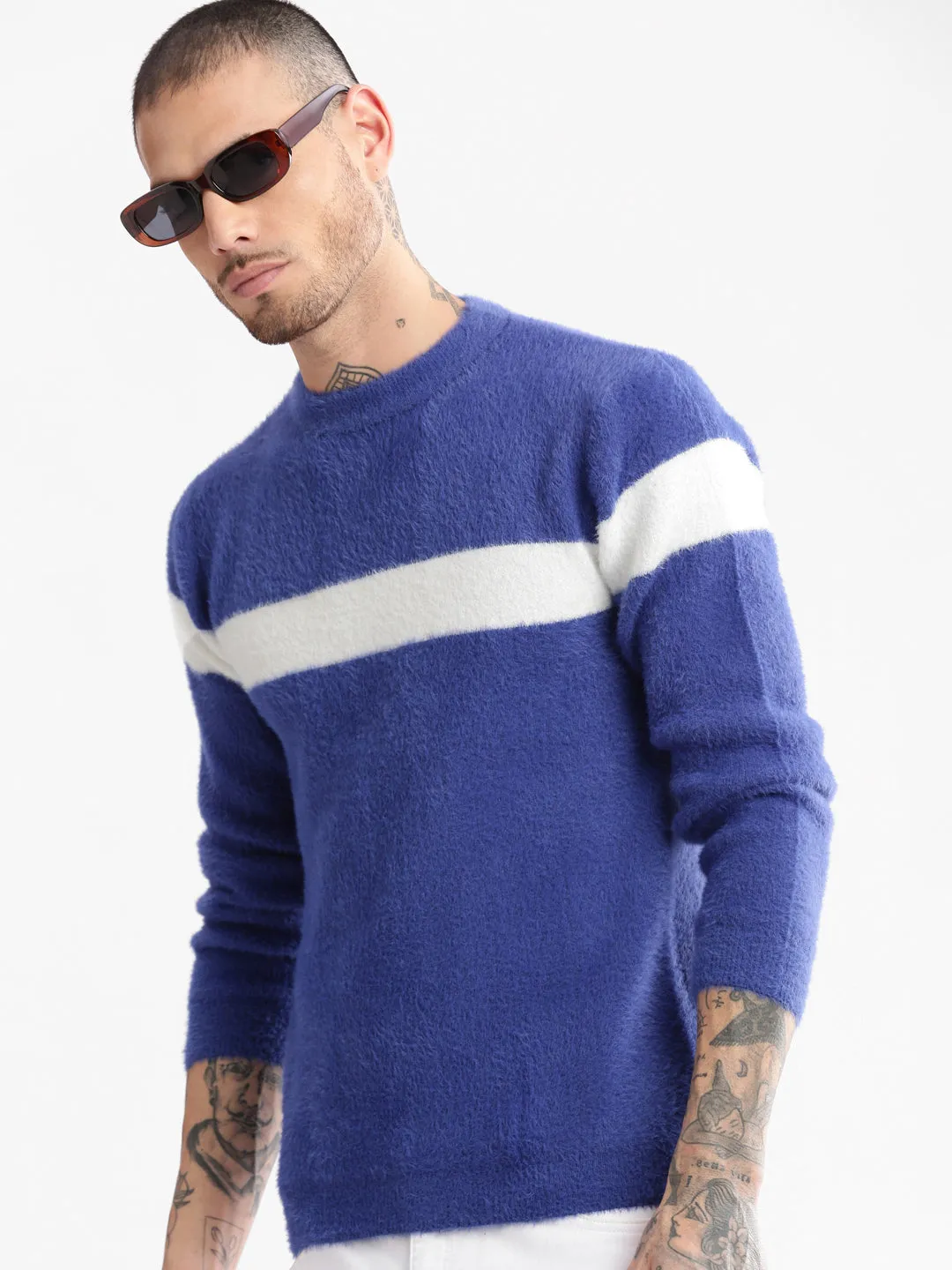 Men's Round Neck Solid Blue Pullover ZeroWaste Production