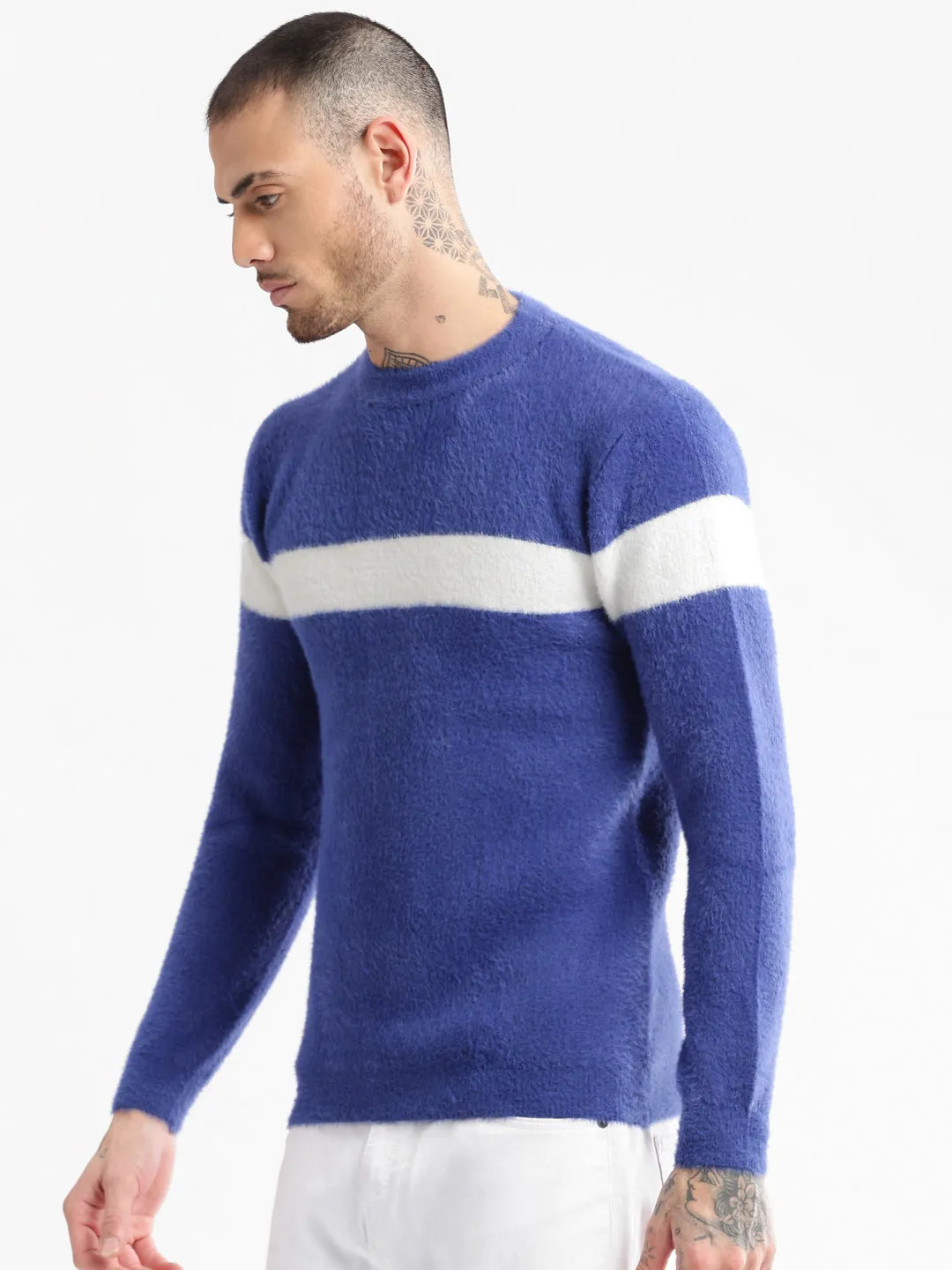 Off-Duty Fit Soft Palette Men's Round Neck Solid Blue Pullover