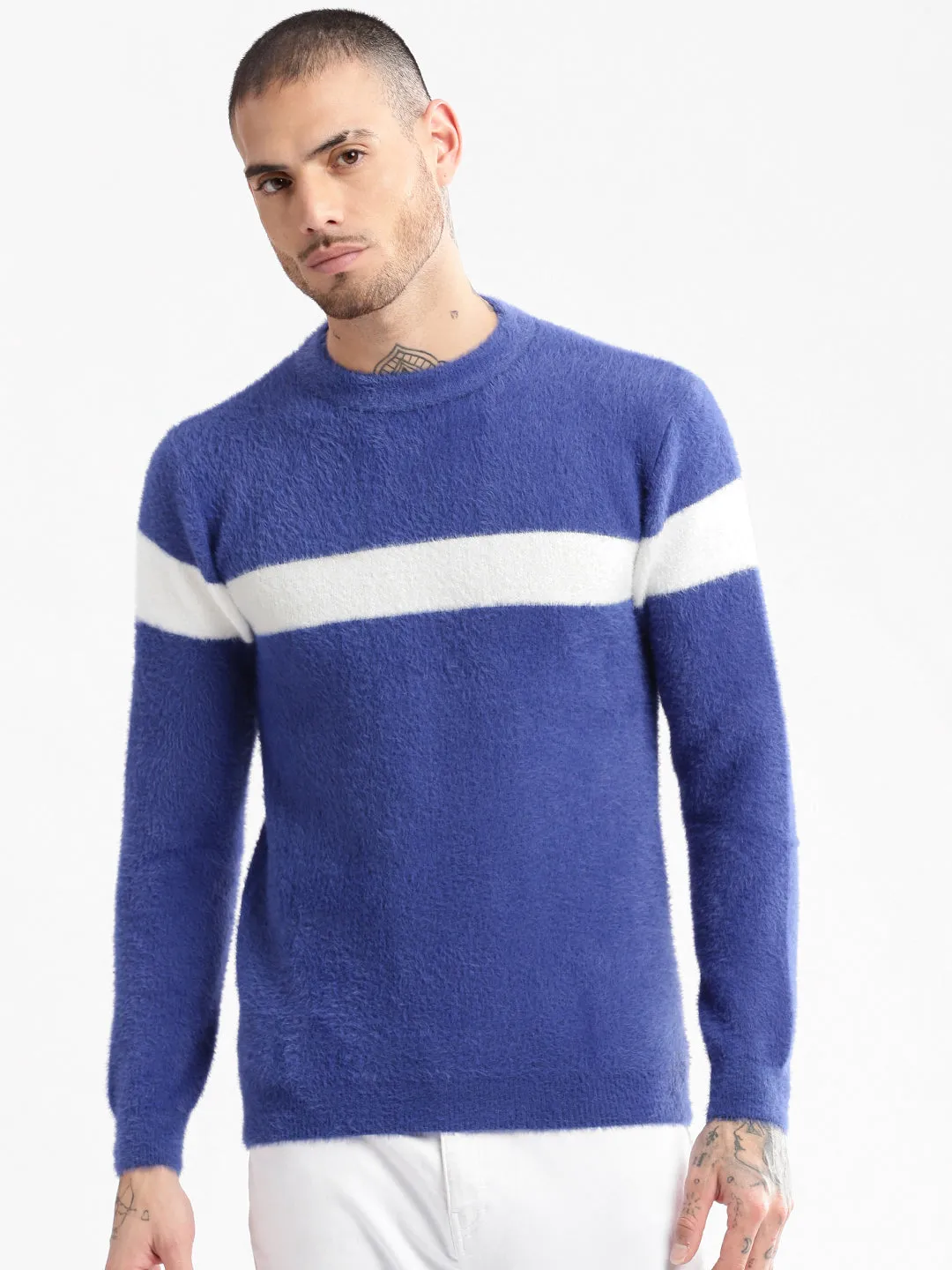 Light Weight Relaxed Armhole Fit Men's Round Neck Solid Blue Pullover