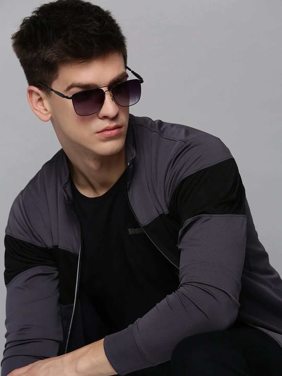 Men's Grey Colour blocked Mock Collar Sweatshirt Urban Relaxed