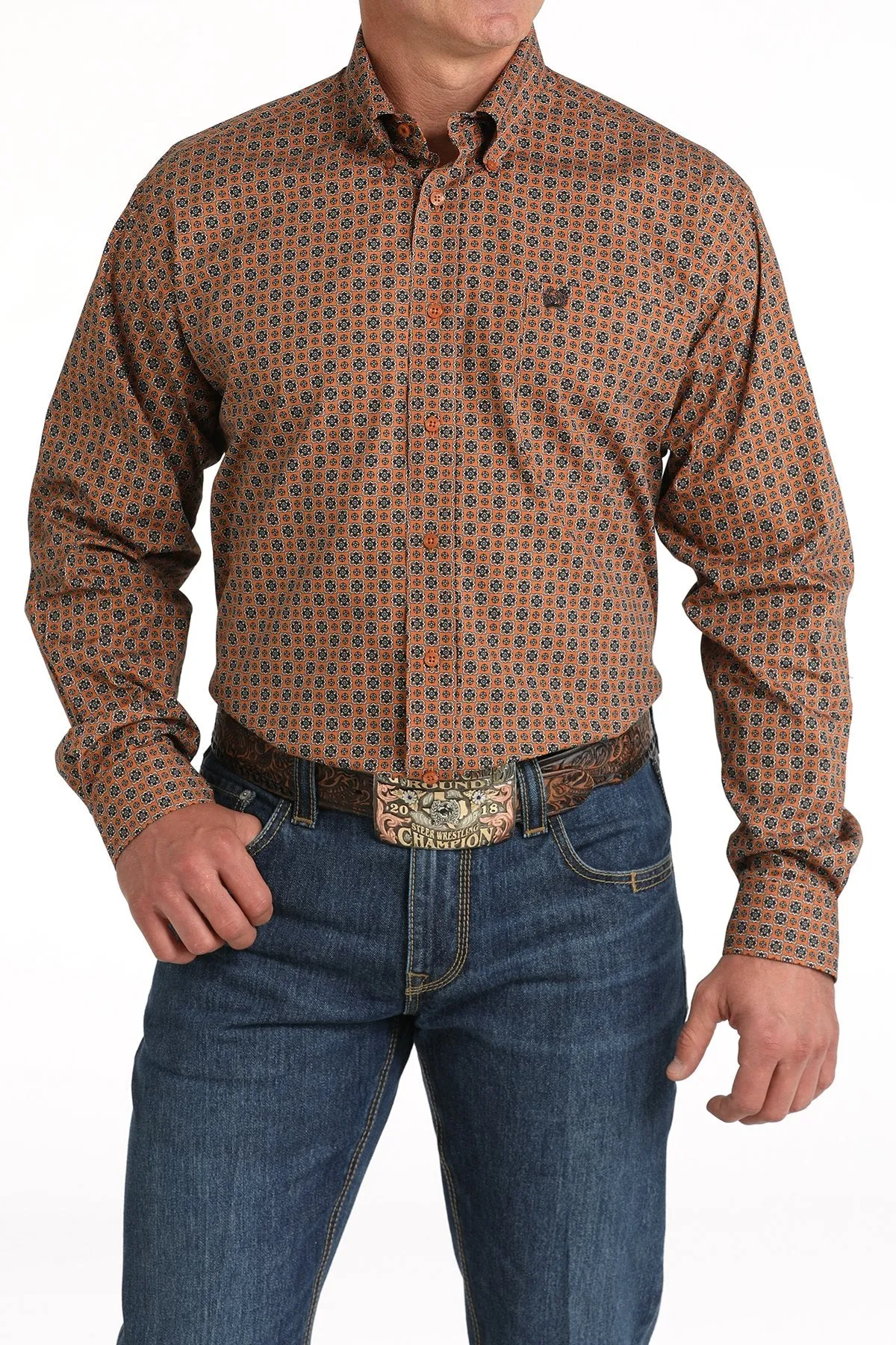 SlimFit Simple Chic Cinch Men's Classic Fit Floral Geometric Western Button Down Shirt in Gold