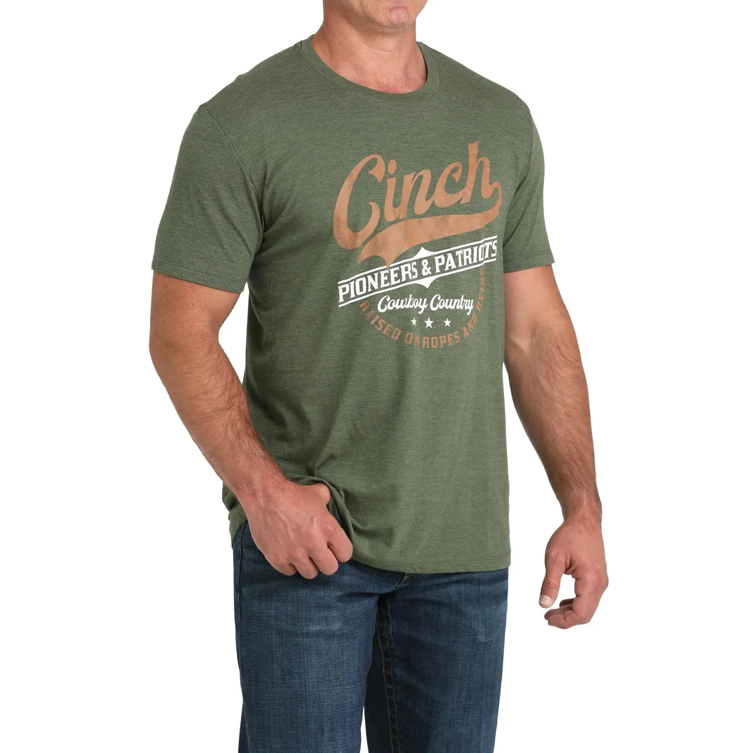 PreShrunkCotton Cinch Men's Cowboy Country Graphic T-Shirt in Olive Green