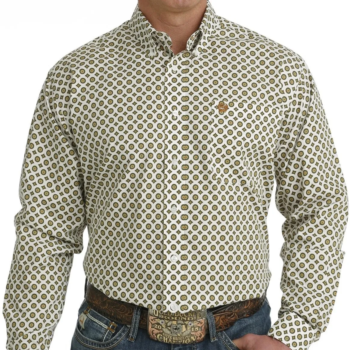 Cinch Men's Long Sleeve Classic Fit White Medallion Print Button Down Western Shirt Comfortable Stretch