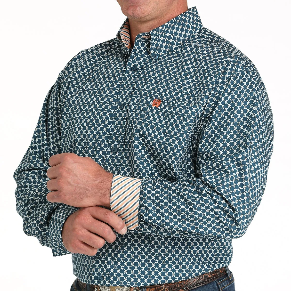 Cinch Men's L/S Classic Fit Circle Geometric Print Button Down Shirt in Teal All-Season Wear Light Breeze
