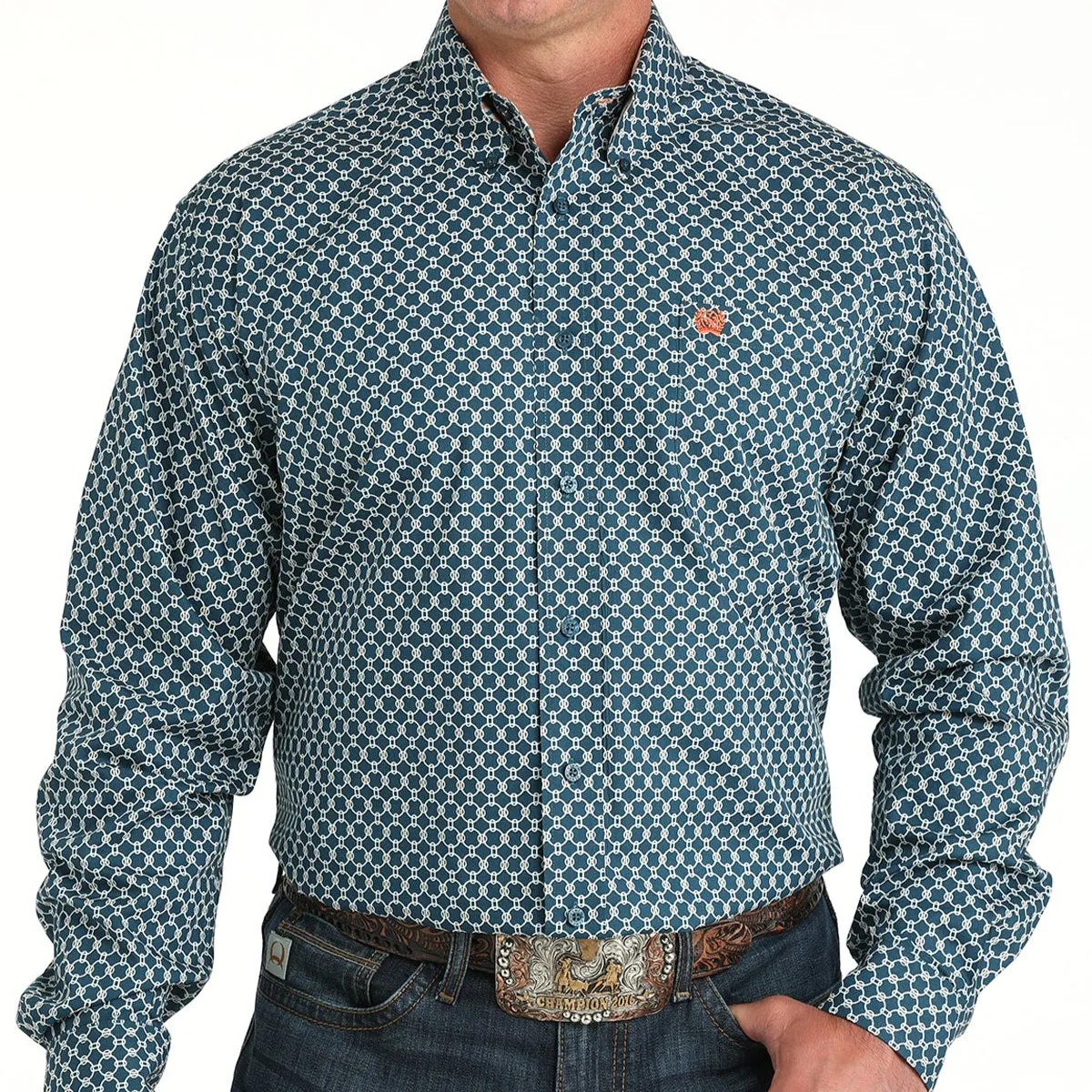 Cinch Men's L/S Classic Fit Circle Geometric Print Button Down Shirt in Teal All-Purpose Wear City Casual
