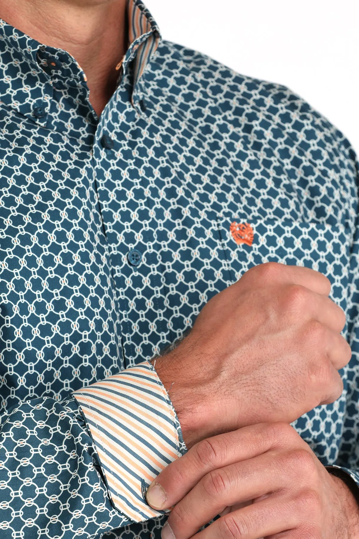 Cinch Men's L/S Classic Fit Circle Geometric Print Button Down Shirt in Teal Casual Layers Comfort Stretch Fit