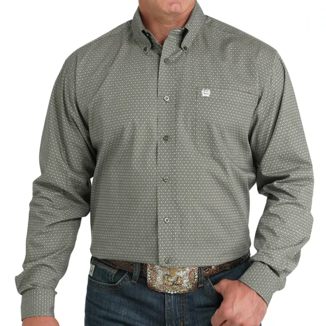 Unique Design Cinch Men's L/S Classic Fit Diamond Button Down Western Shirt in Olive Green
