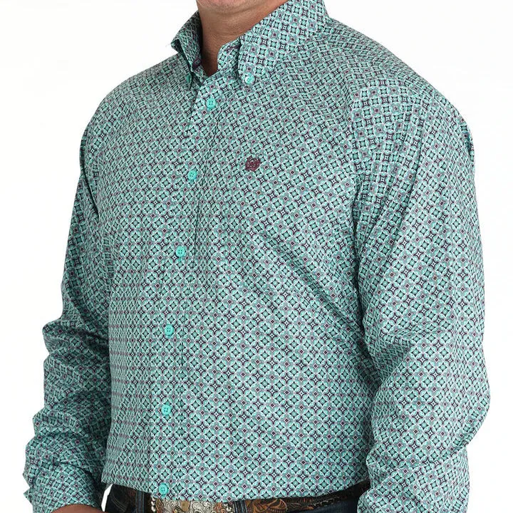 Comfy Waistband Cinch Men's L/S Classic Fit Geometric Button Down Western Shirt in Turquoise
