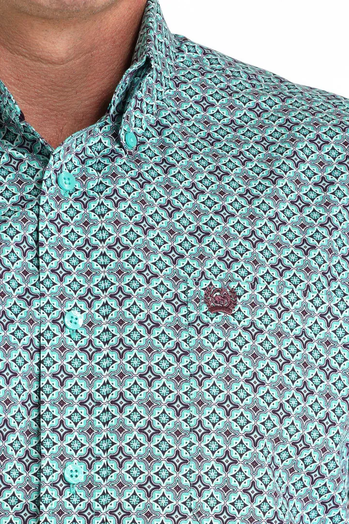 Cinch Men's L/S Classic Fit Geometric Button Down Western Shirt in Turquoise Vintage Wash Effect