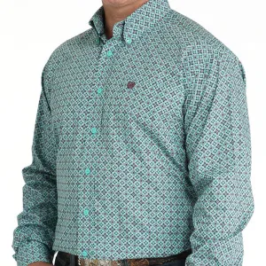 Comfy Waistband Cinch Men's L/S Classic Fit Geometric Button Down Western Shirt in Turquoise
