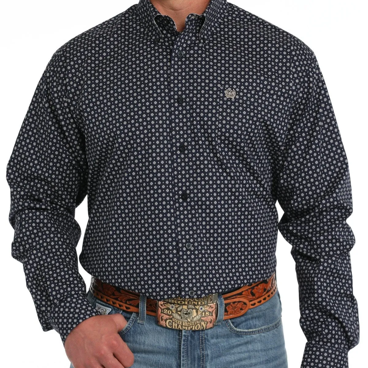 Cinch Men's L/S Classic Fit Geometric Medallion Western Button Down Shirt in Navy Adjustable Hem