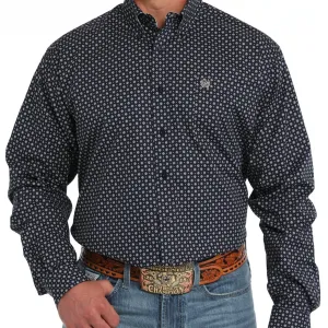 Cinch Men's L/S Classic Fit Geometric Medallion Western Button Down Shirt in Navy Adjustable Hem