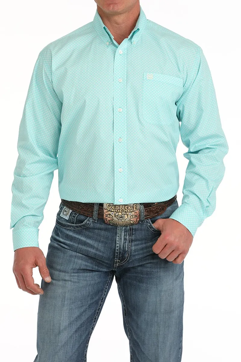 Cinch Men's L/S Classic Fit Geometric Western Button Down Shirt in Turquoise Antibacterial Treatment Recycled Polyester Blend