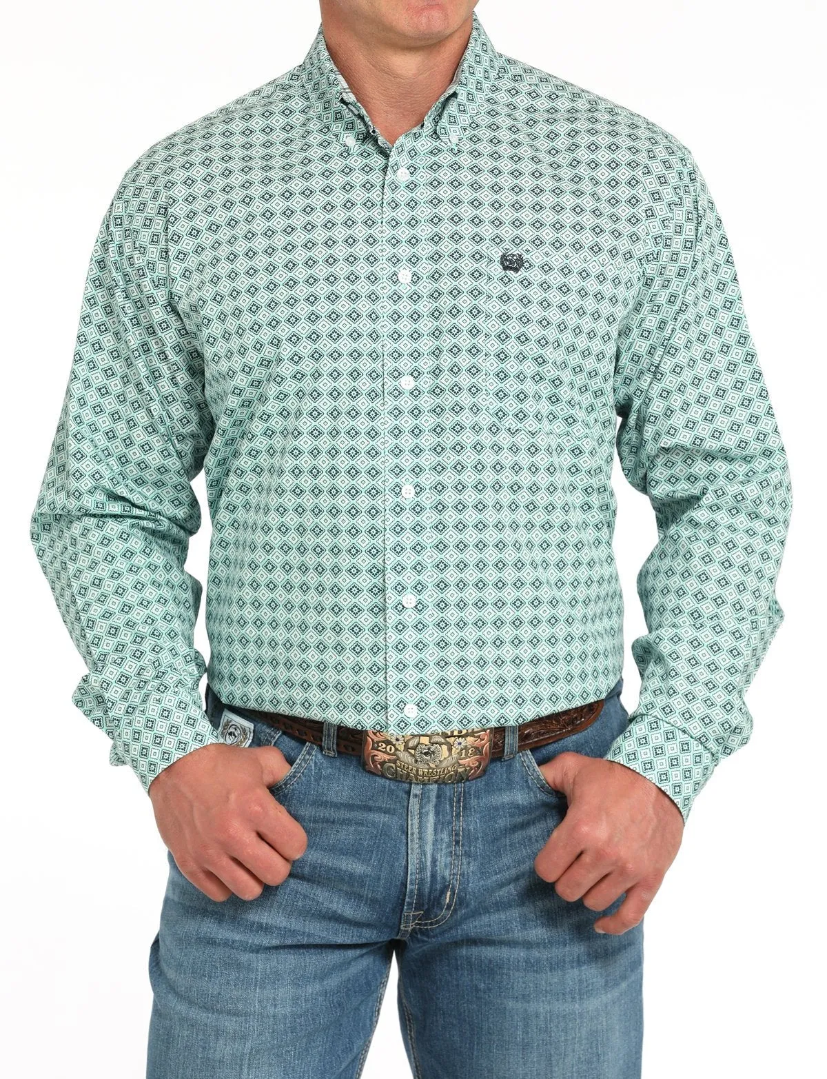 Cinch Men's L/S Classic Fit Medallion Western Button Down Shirt in Turquoise Layered Shoulder Design