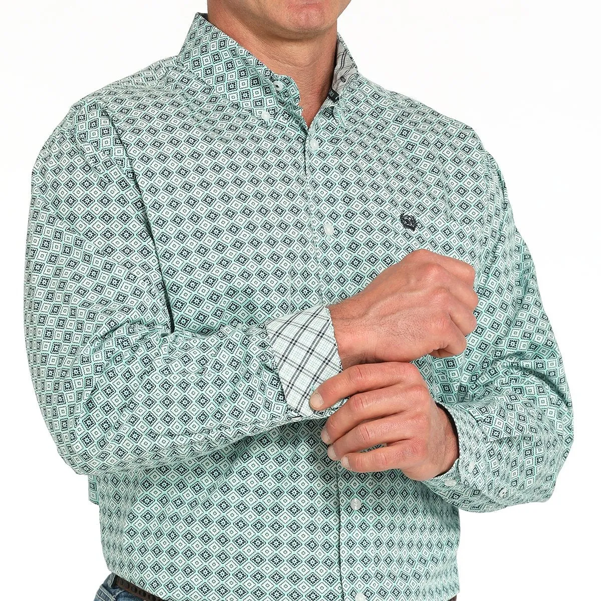 Cinch Men's L/S Classic Fit Medallion Western Button Down Shirt in Turquoise Non Iron Fabric