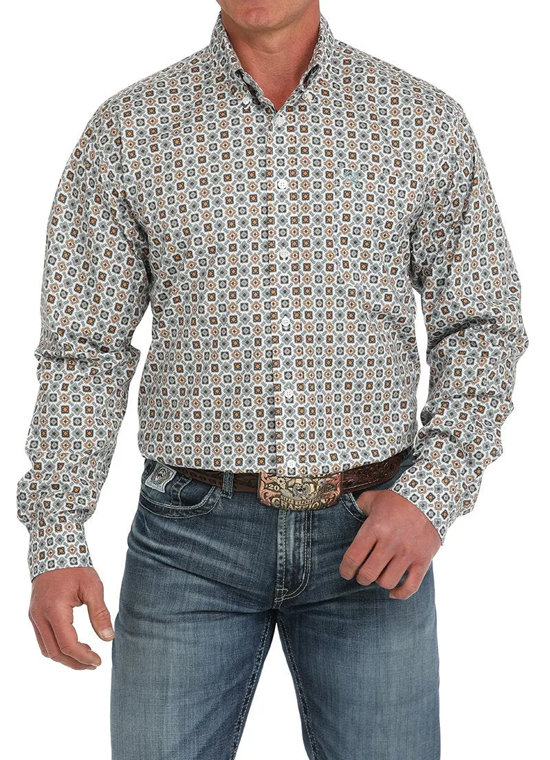 Cinch Men's L/S Classic Fit Medallion Western Button Down Shirt in White All-Season Wear Chilly Day Style