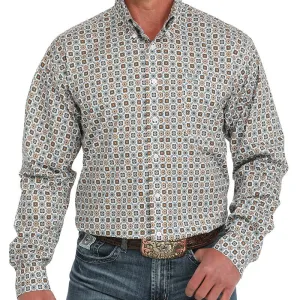 Cinch Men's L/S Classic Fit Medallion Western Button Down Shirt in White Tight Fit Layered Style