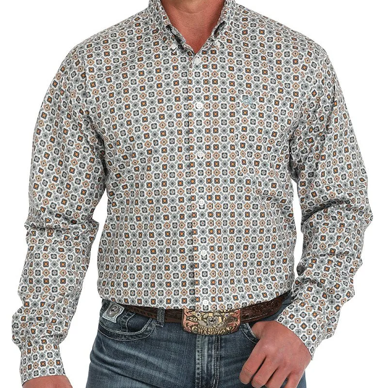 Cinch Men's L/S Classic Fit Medallion Western Button Down Shirt in White Tight Fit Layered Style