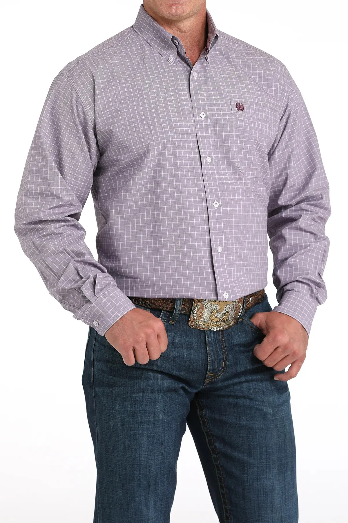 DoubleStitched Seams UV protection layer Cinch Men's L/S Classic Fit Plaid Button Down Western Shirt in Lilac