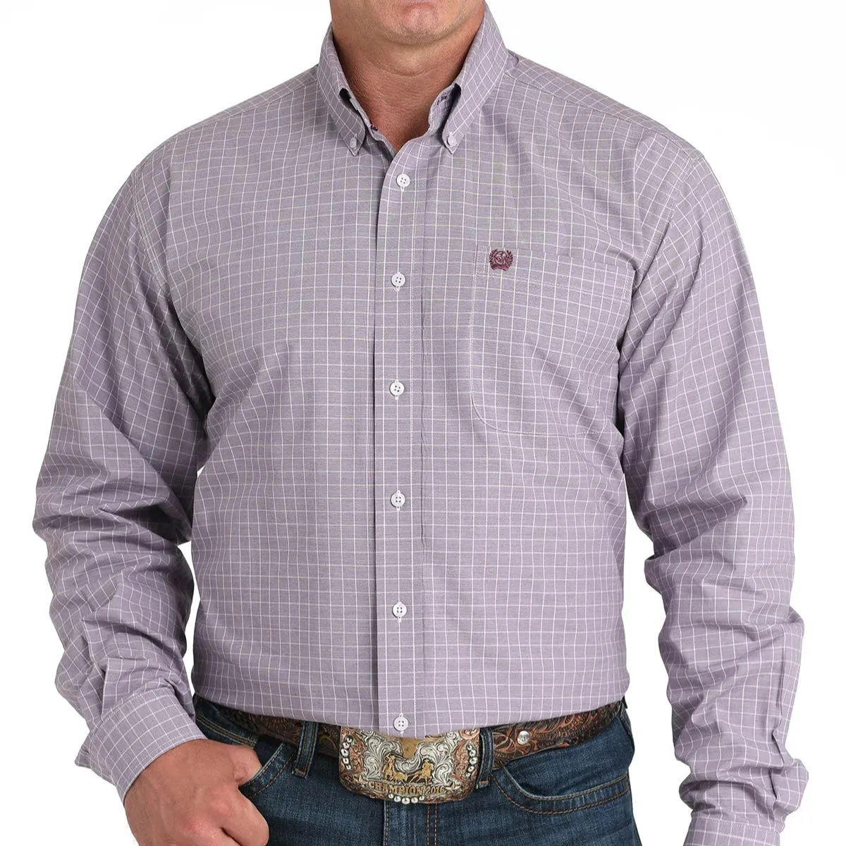 Cinch Men's L/S Classic Fit Plaid Button Down Western Shirt in Lilac Reinforced Neckline Neutral Color