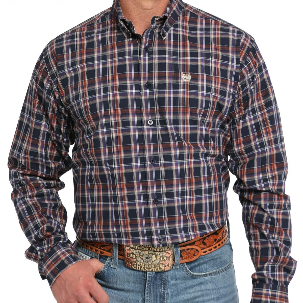 Customer Favorite Durable Knit Structure Cinch Men's L/S Classic Fit Plaid Western Button Down Shirt in Navy