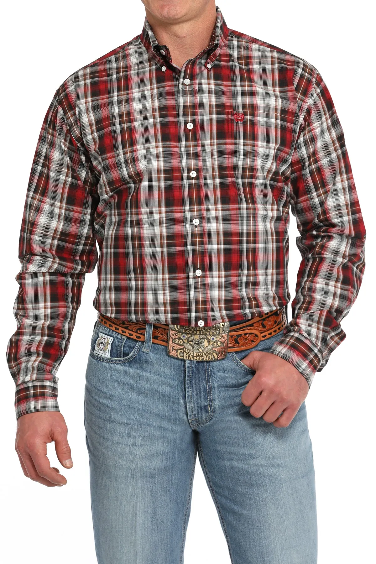 Minimal Fit Cinch Men's L/S Classic Fit Plaid Western Button Down Shirt in Red