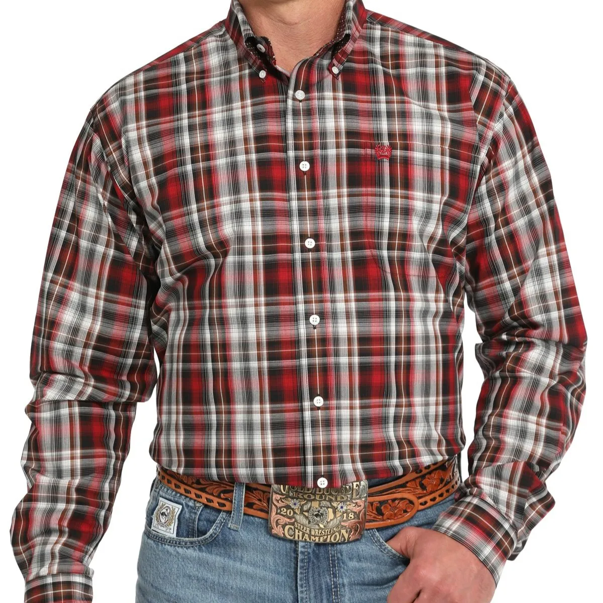 Unisex versatility Cinch Men's L/S Classic Fit Plaid Western Button Down Shirt in Red